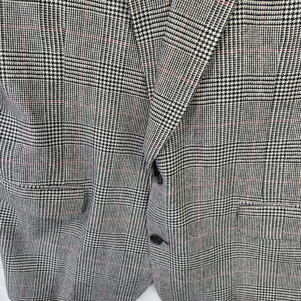 Lands End Vintage Mens 46L Glen Plaid Wool Blazer Grey Red Sport Coat USA Made